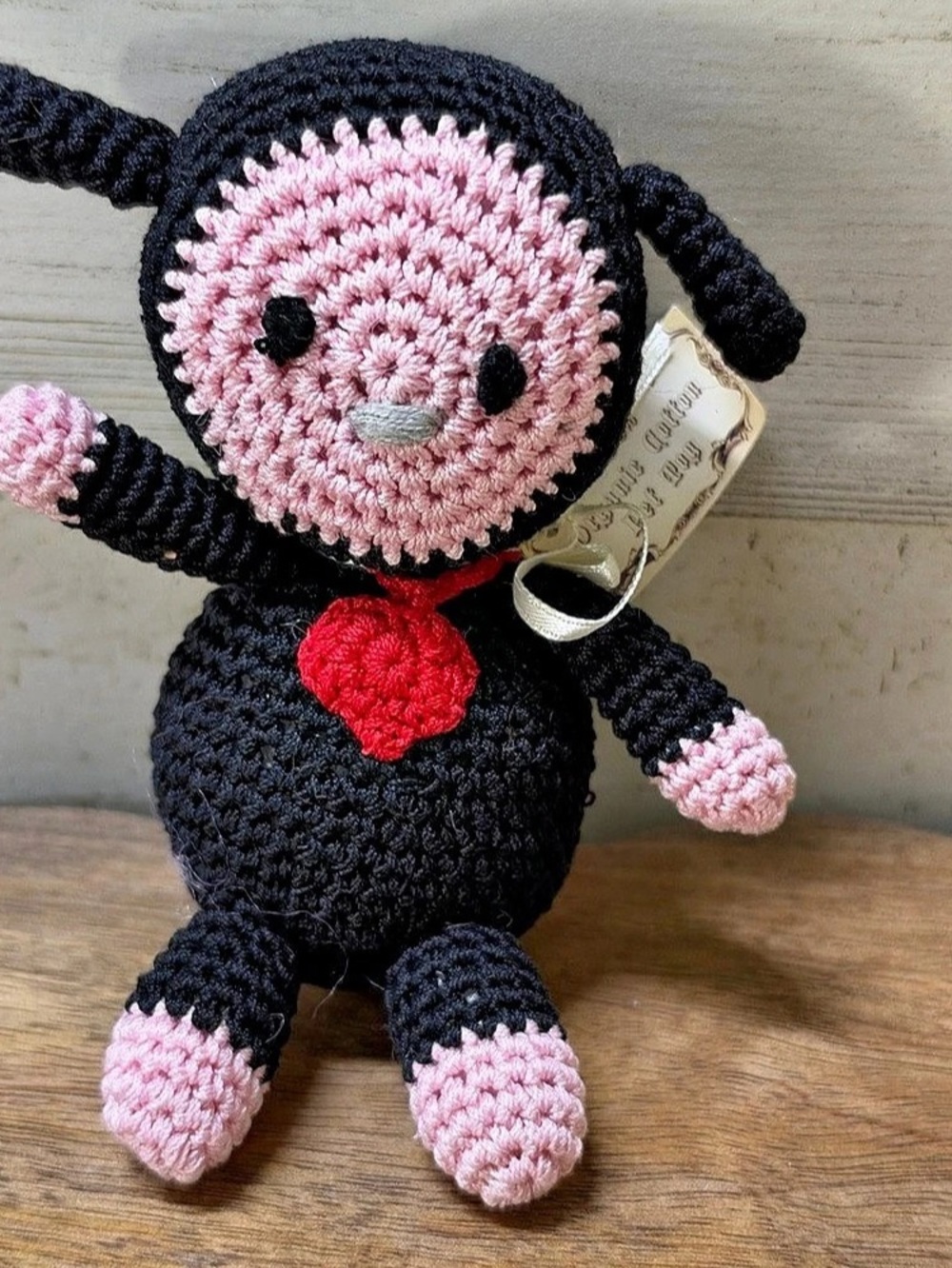 Crocheted Black & Pink Dog squeaky Plush NWT